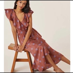 Anthropologie RUFFLE-SLEEVE PRINTED-WRAP MAXI DRESS - NWT